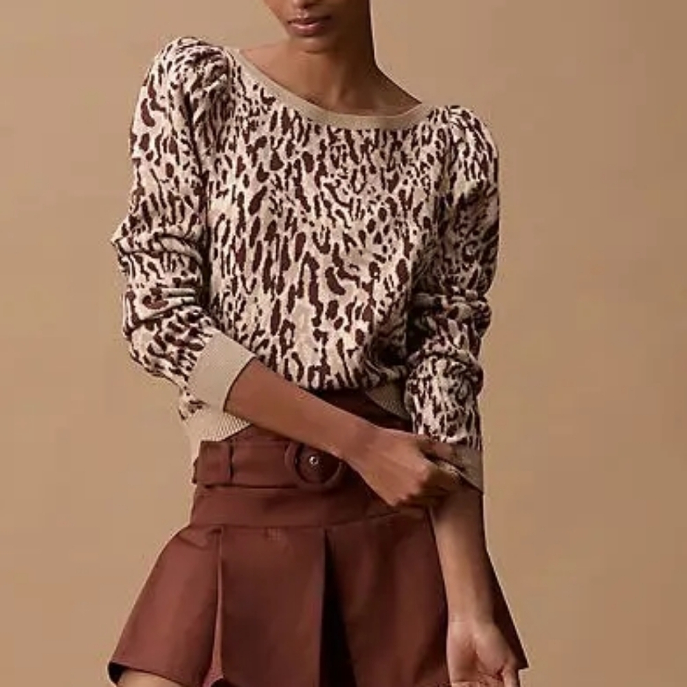 Anthropologie Maeve Puff-Sleeve Pullover Sweater Brown Animal Print Size XL